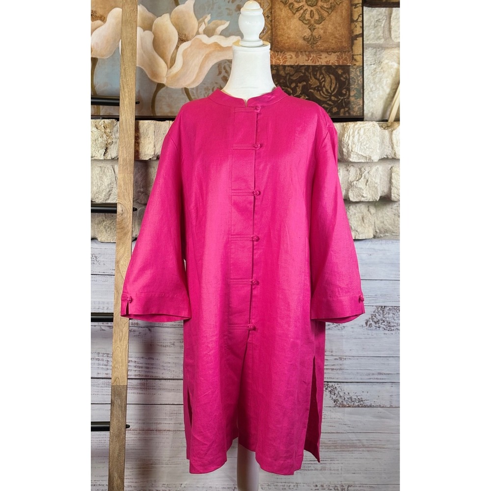 Sarah Spencer Woman Hot Pink 100% Linen Frog Button Tunic Shirt 24W Magenta